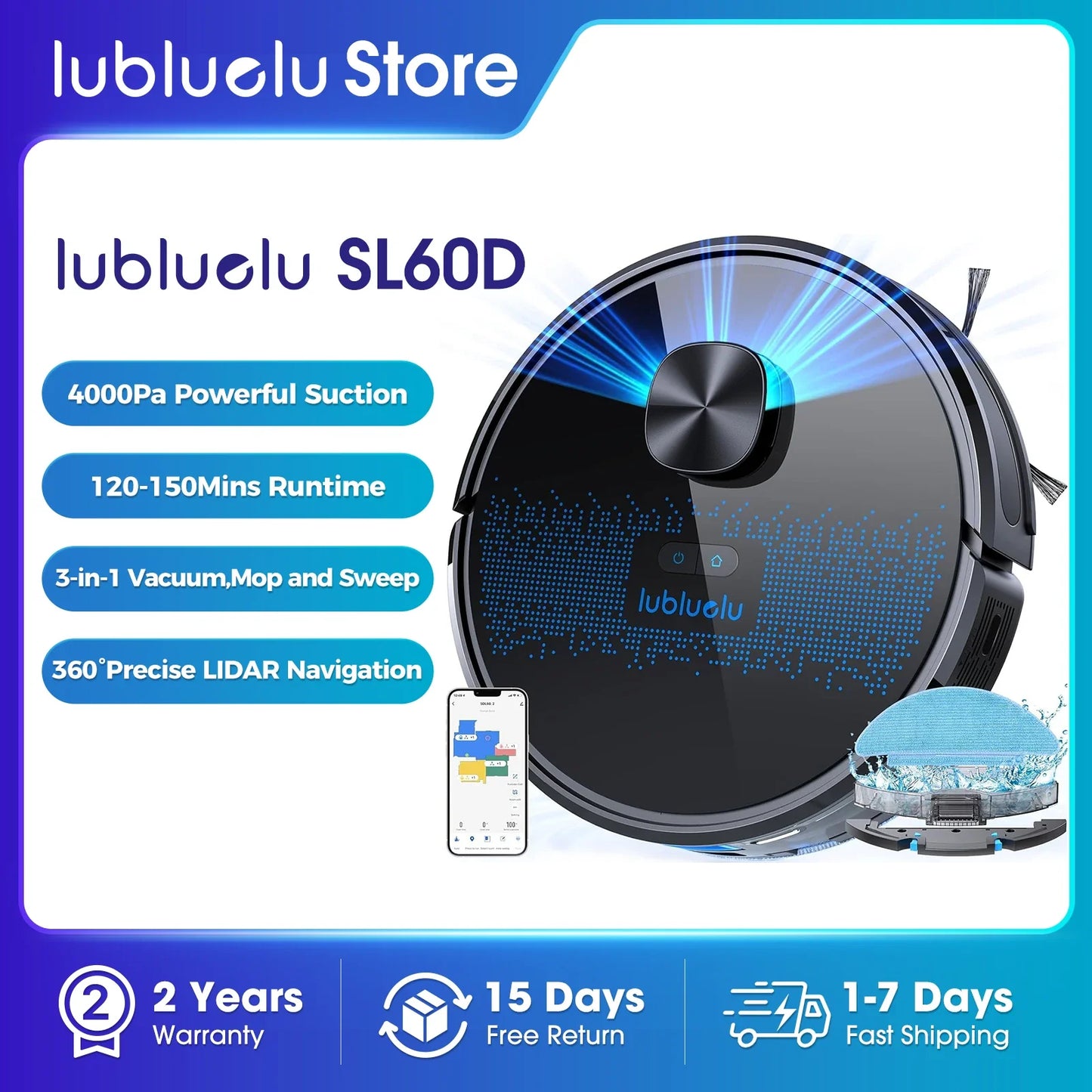 Lubluelu SL60D Robot Vacuum and Mop Combo - 4000Pa Suction, 150Mins Runtime, Quiet Operation, Smart App Control, 10 No-Go Zones