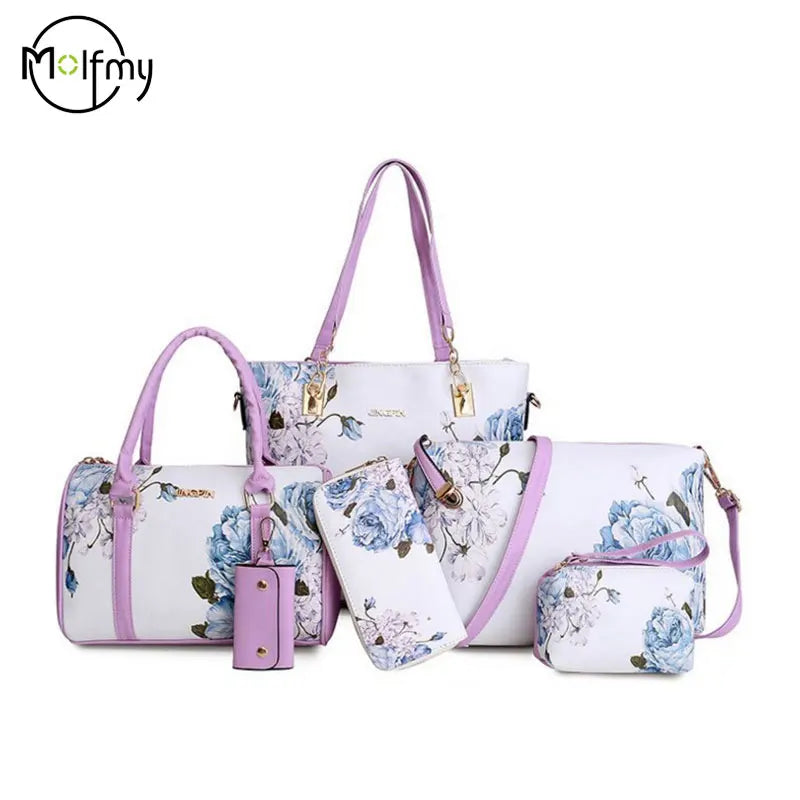 6/Piece Set Mother Handbag Vintage Tote Bags Printed High Quality Women's Bag Trend One Shoulder Crossbody Women Handbags Purse