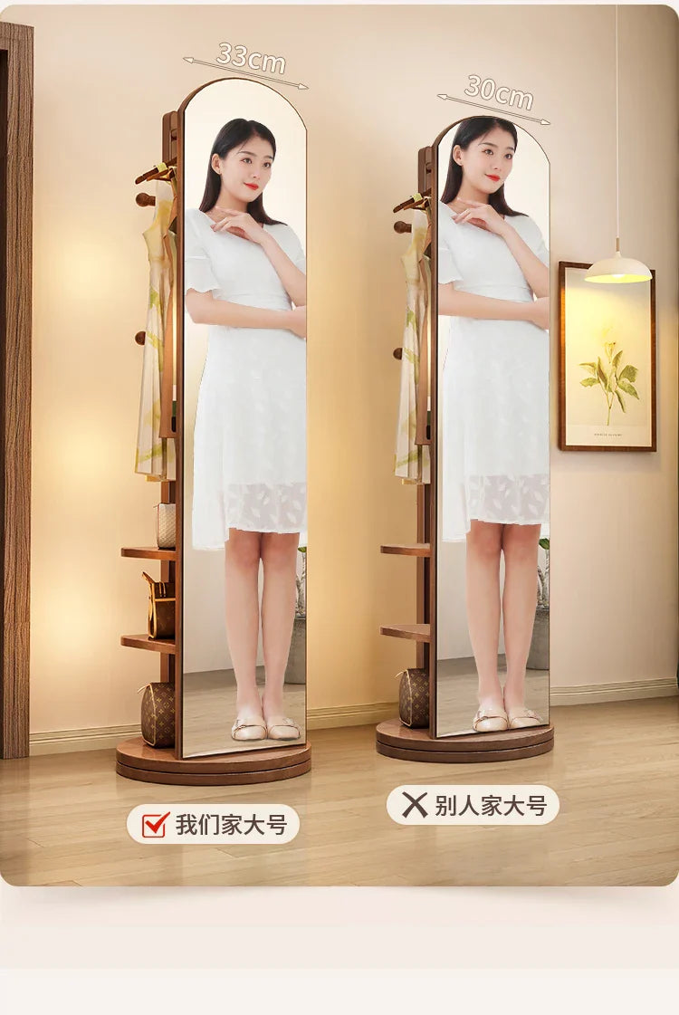 Solid wood hanger bedroom floor coat rack with mirror integrated