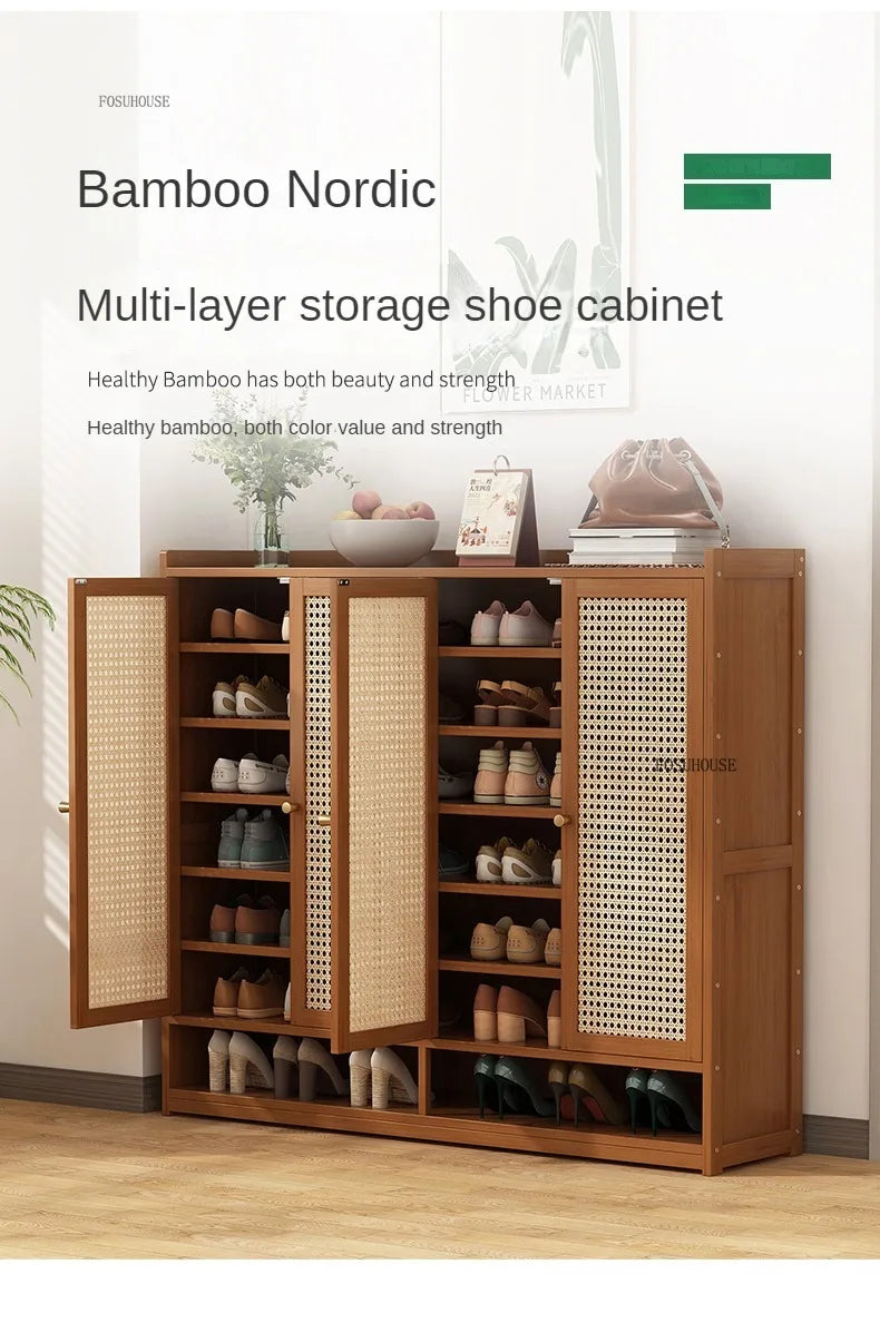 Japanese Bamboo Shoe Rack Indoor Multi-layer Dustproof Shoe Organizers Furniture Imitation Rattan Weave Cabinets for Living Room
