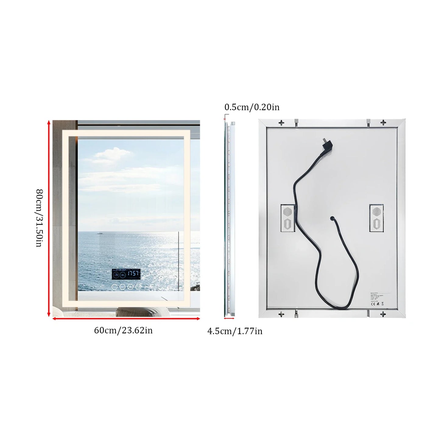 Square LED Bathroom Mirror with Bluetooth Speaker, Smart Wall Vanity Mirror, Front-lit and Backlight, Touch Anti-fog