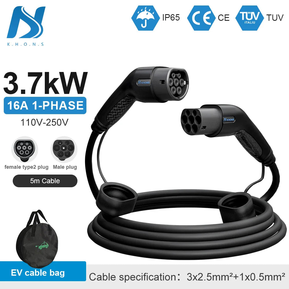 Khons Type2 To Type2 Ev Charging Cable 3Phase 32A Female To Male Plug 5M Cable 22kw IEC62196-2 EVES Charging Stations