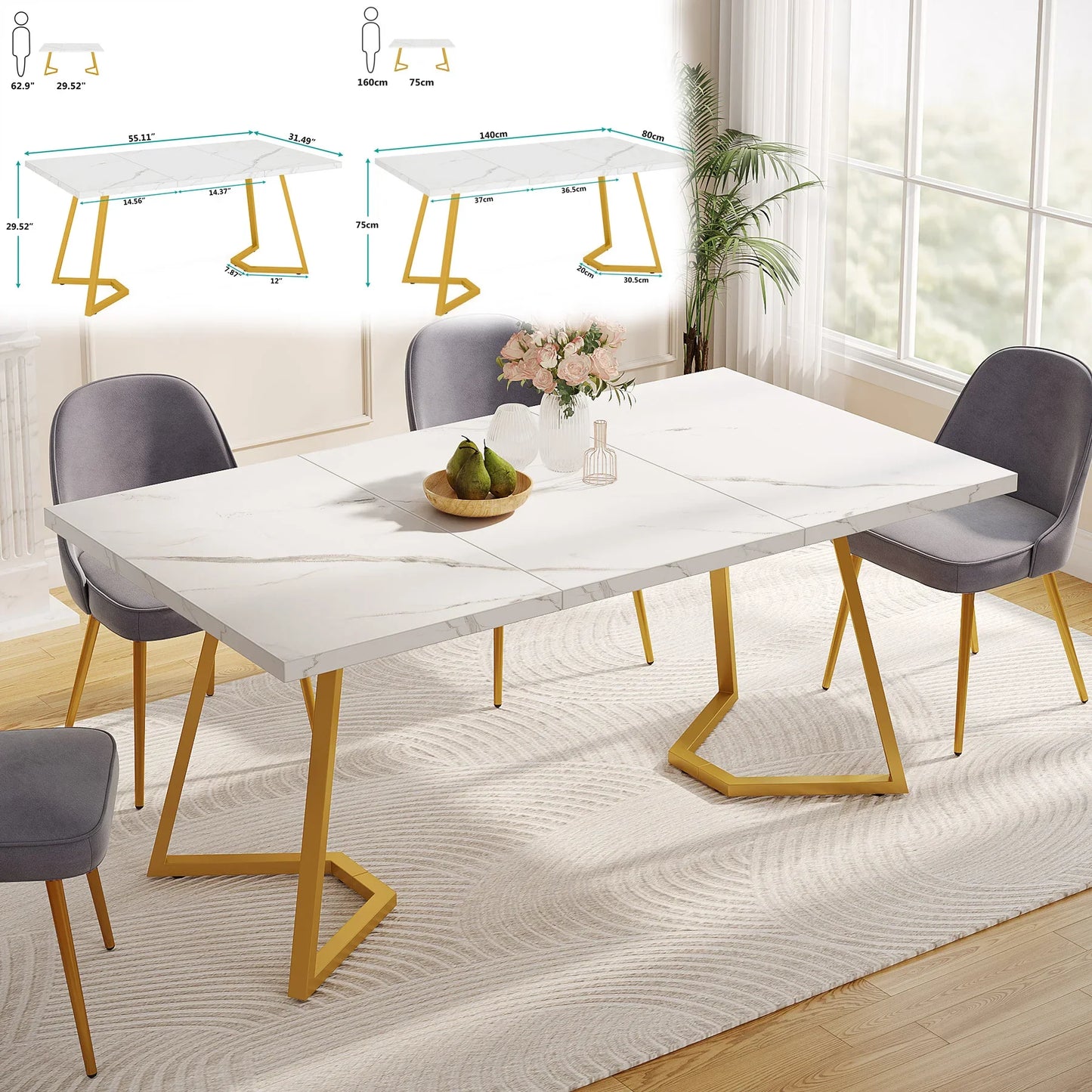 Tribesigns 63-Inch Rectangular Dining Table for 4 to 6, Modern Kitchen Table with Faux Marble Table Top, White Dinner Tables