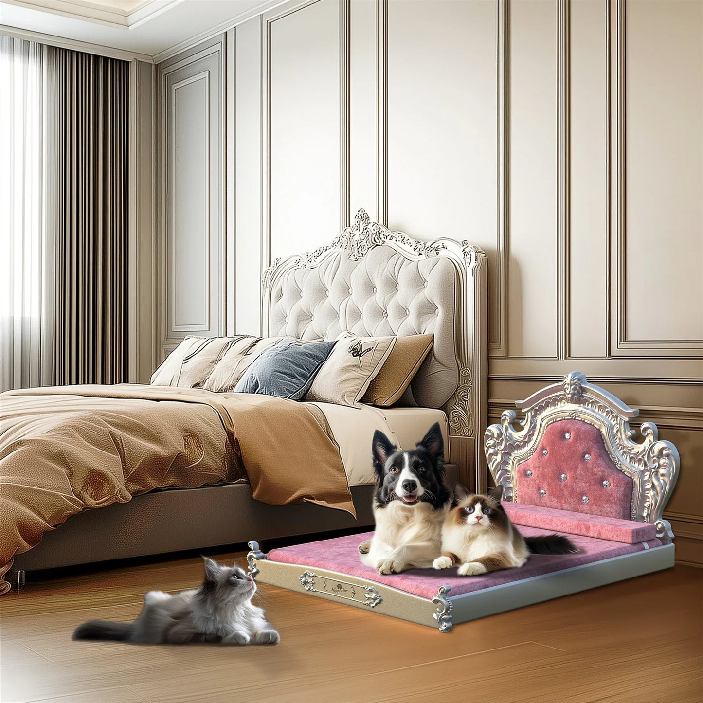 Luxury Pet Bed with Headboard, Washable Dutch Velvet Cover, Dog and Cat Bed, High Elastic Sponge, XXLarge