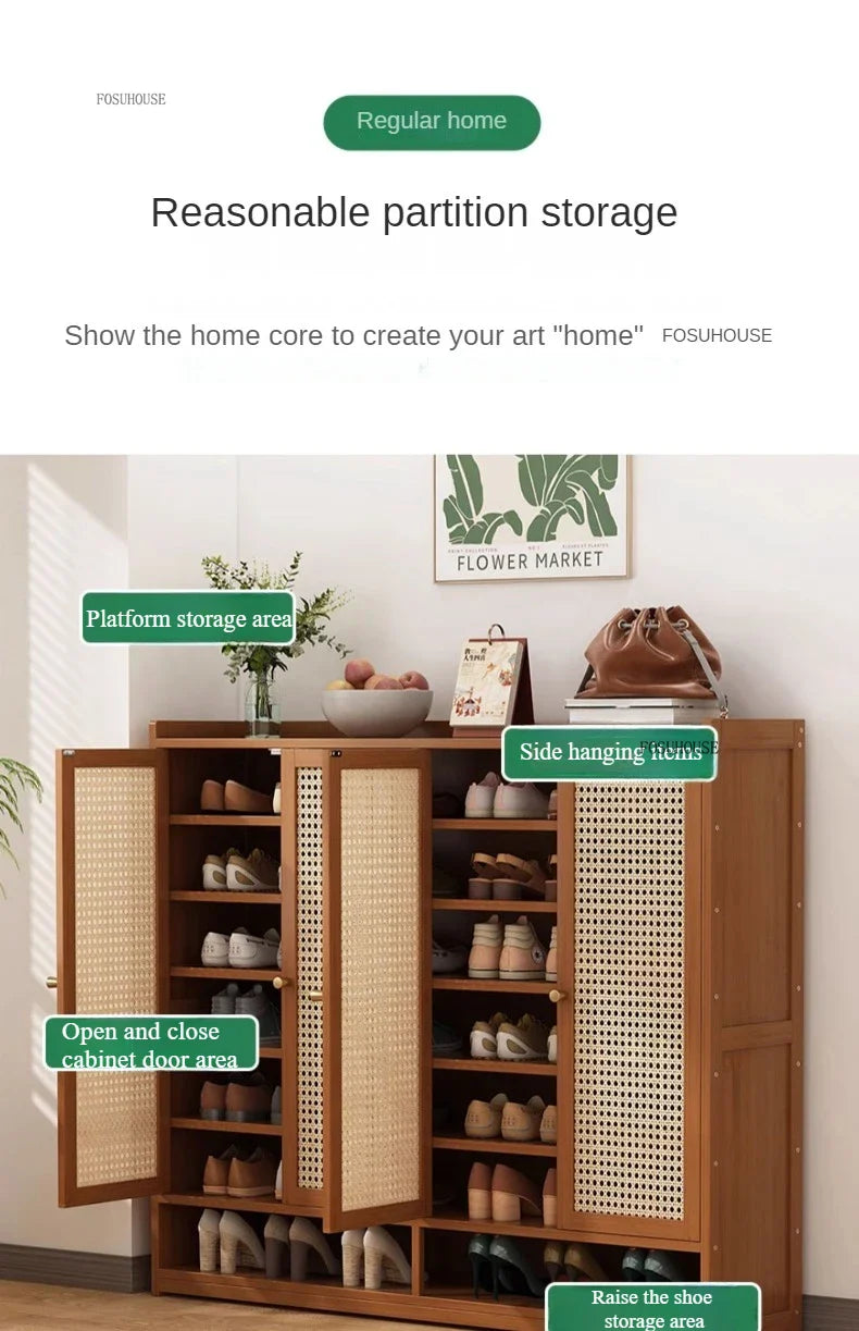 Japanese Bamboo Shoe Rack Indoor Multi-layer Dustproof Shoe Organizers Furniture Imitation Rattan Weave Cabinets for Living Room