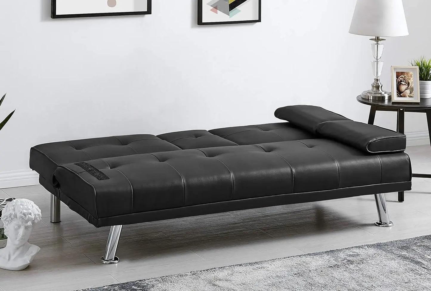 Manhattan 2 Seater Sofa Bed - Black. Faux Leather Fabric Sofa Bed With Cup Holder, Folding Sofa Bed To Double Bed. Click