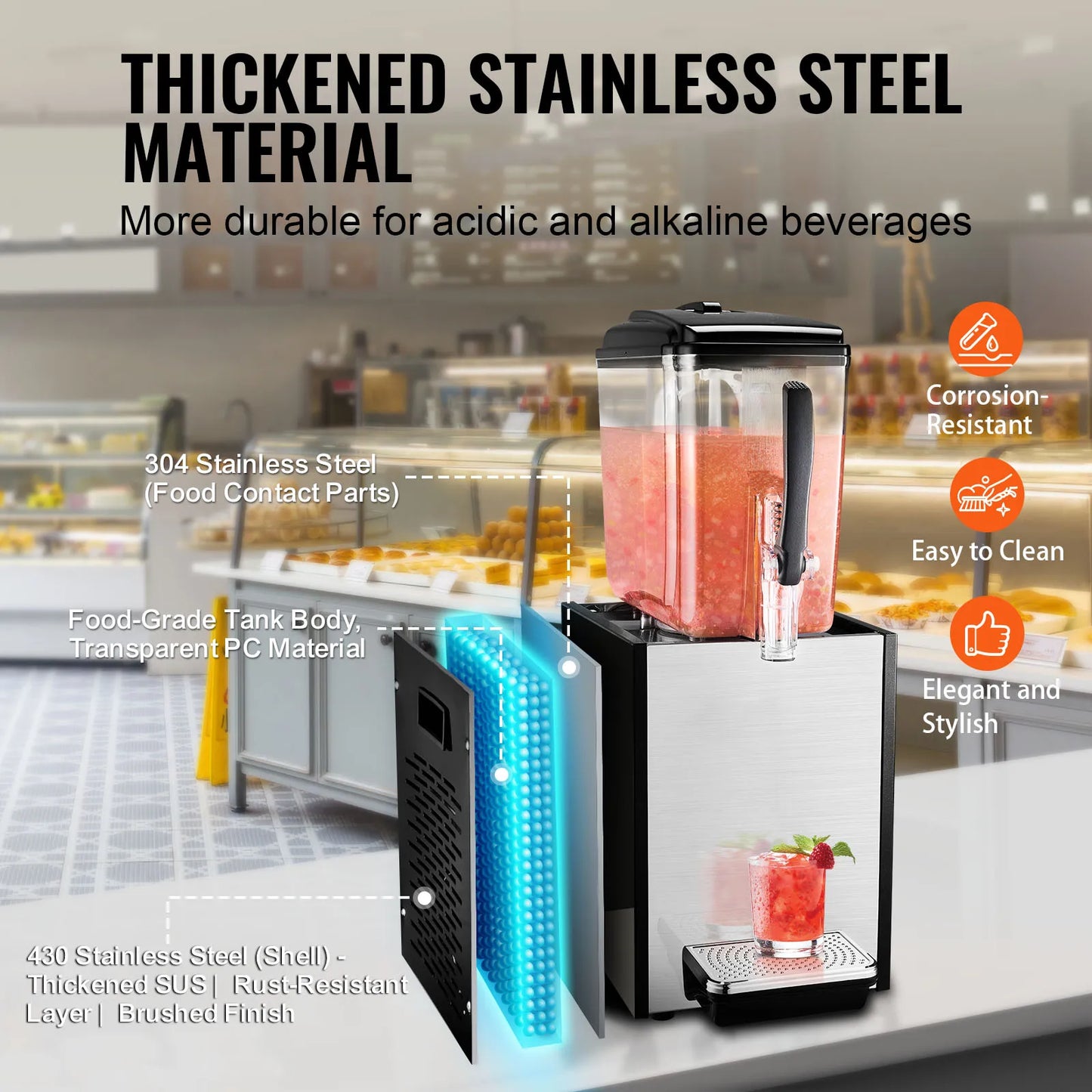 VEVOR 10L 12L 18L Commercial Beverage Dispenser Stainless Steel Ice Juice Tea Drink Machine with Cooling Function for Bar Party
