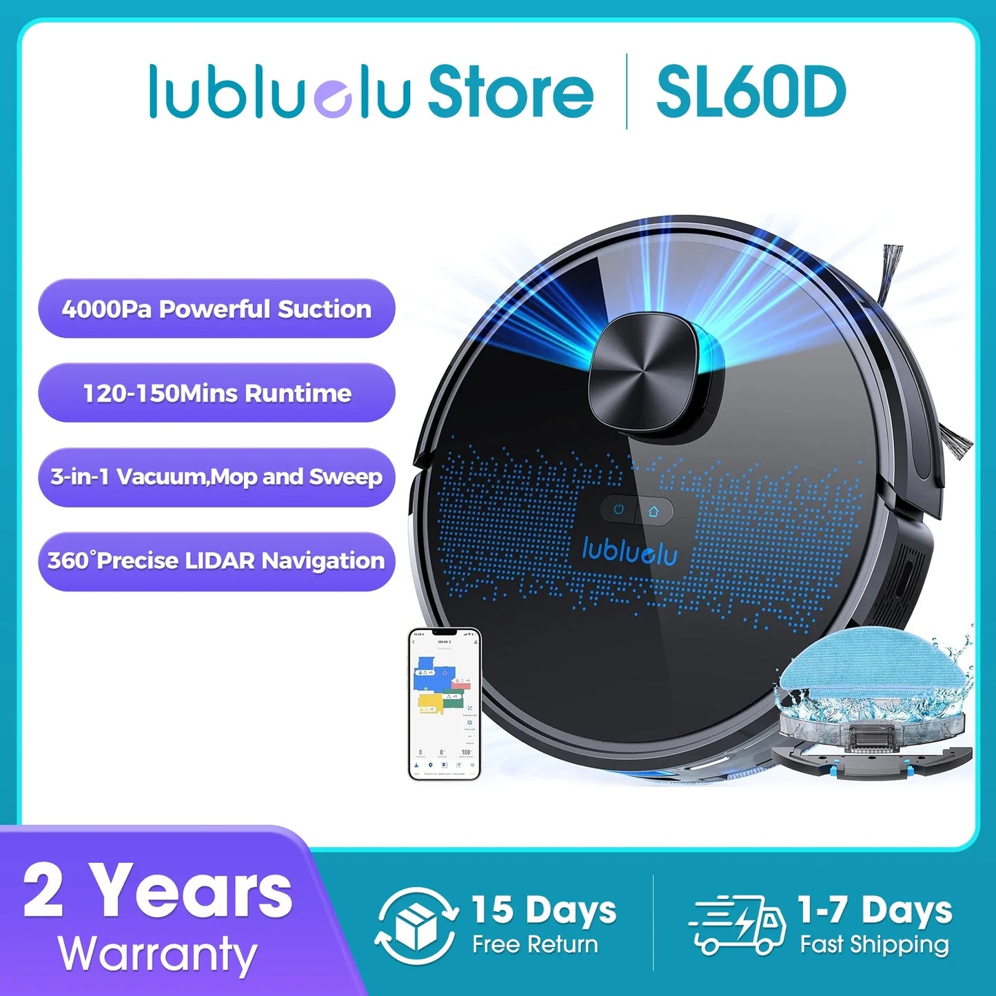 Lubluelu SL60D Robot Vacuum and Mop Combo - 4000Pa Suction, 150Mins Runtime, Quiet Operation, 10 No-Go Zones For Pet Hair Carpet