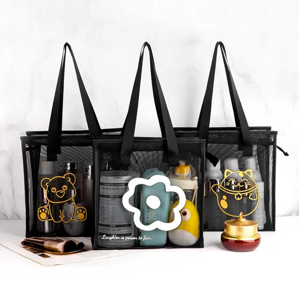 Clear Beach Tote Bag Fashion with Zipper Flower Cartoon Transparent Bag Nylon Mesh Wash Bag Woman