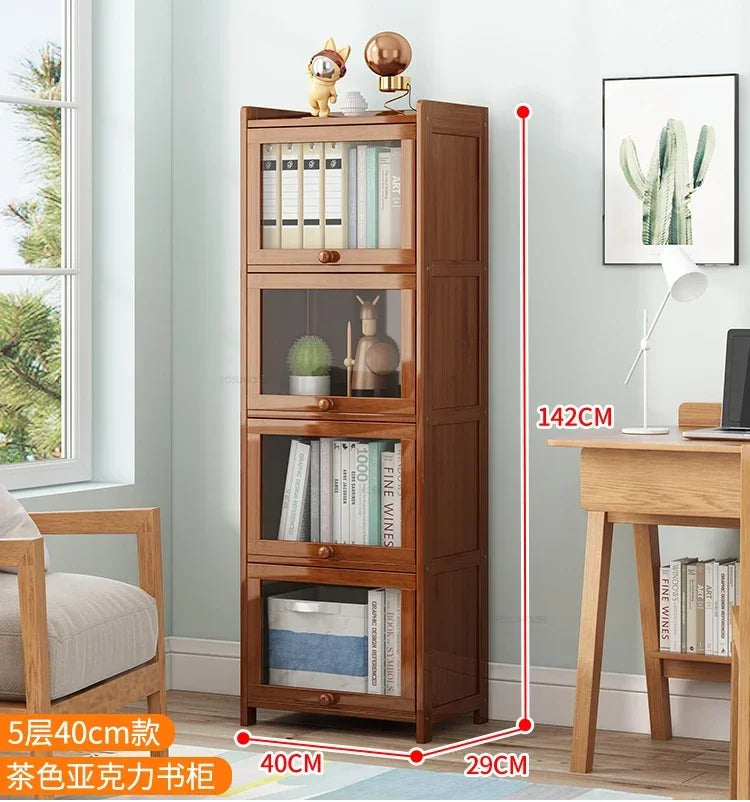 Japanese Home Furniture Bamboo Bookcases Organizer Multi-layer Storage Shelf Simple Retro Bookshelf With Door Modern Office Desk