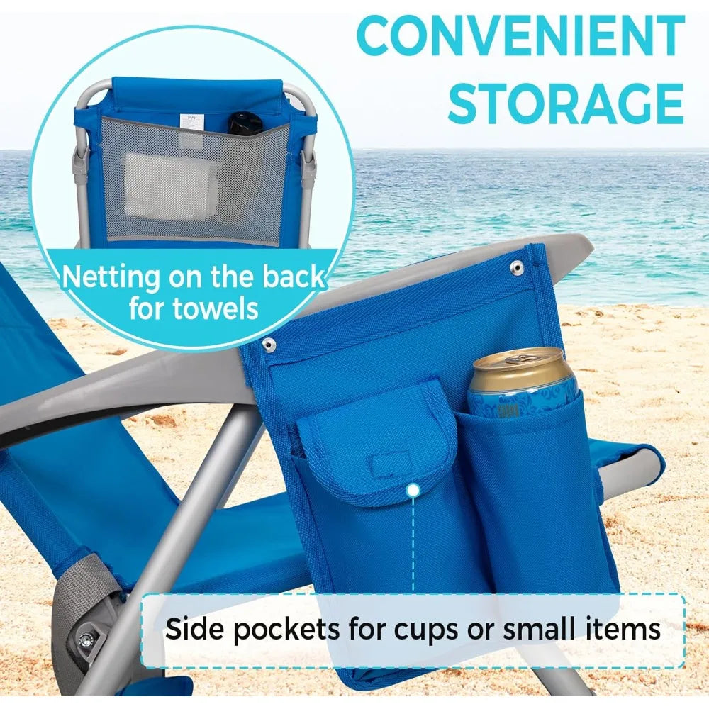 4-Position Adjustable Beach Chair Set of 1/2, Folding Low Reclining Camping Chair with High Back Pillow Pocket