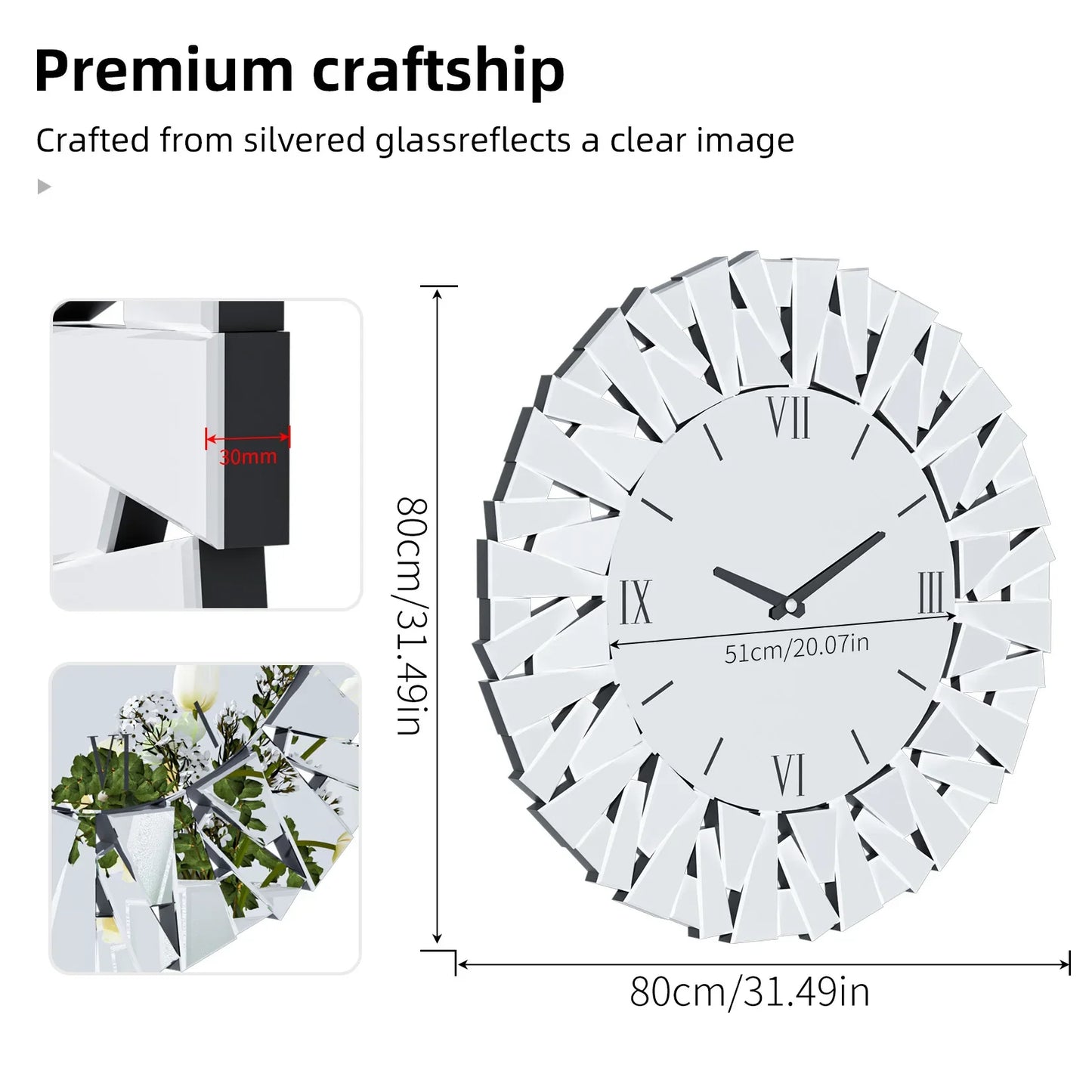 Large Round Mirrored Wall Clock, 3D Beveled Glass Edge, Fireplace Living Room Decor, 80cm