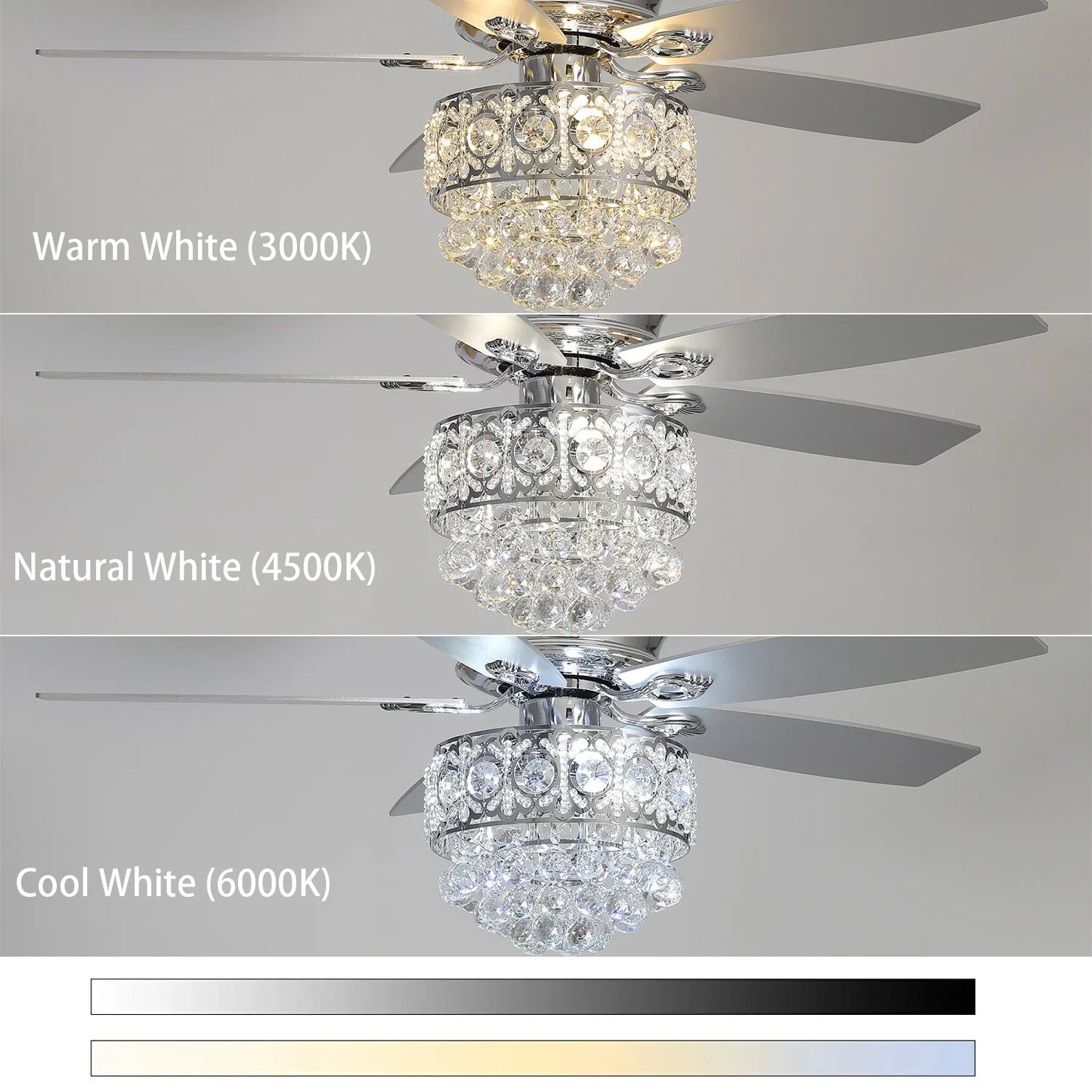 KOMORE  Modern 52 Inch Crystal 3-Light Ceiling Fan with Remote, 5 Blades for Office, Living Room, Bedroom