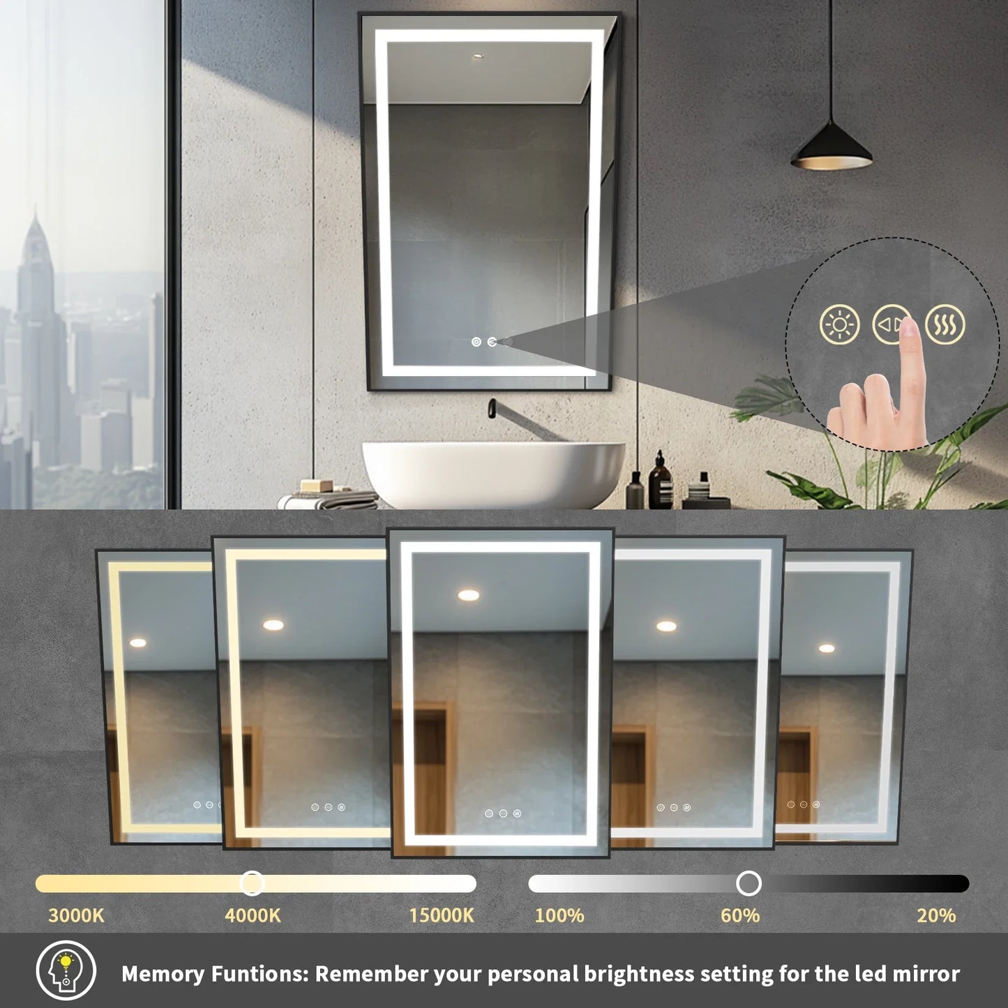 LED Illuminated Bathroom Wall Mirror with Fixed Tilt Design, Smart Touch, Front-lit, Black Framed, 24x36 Inch