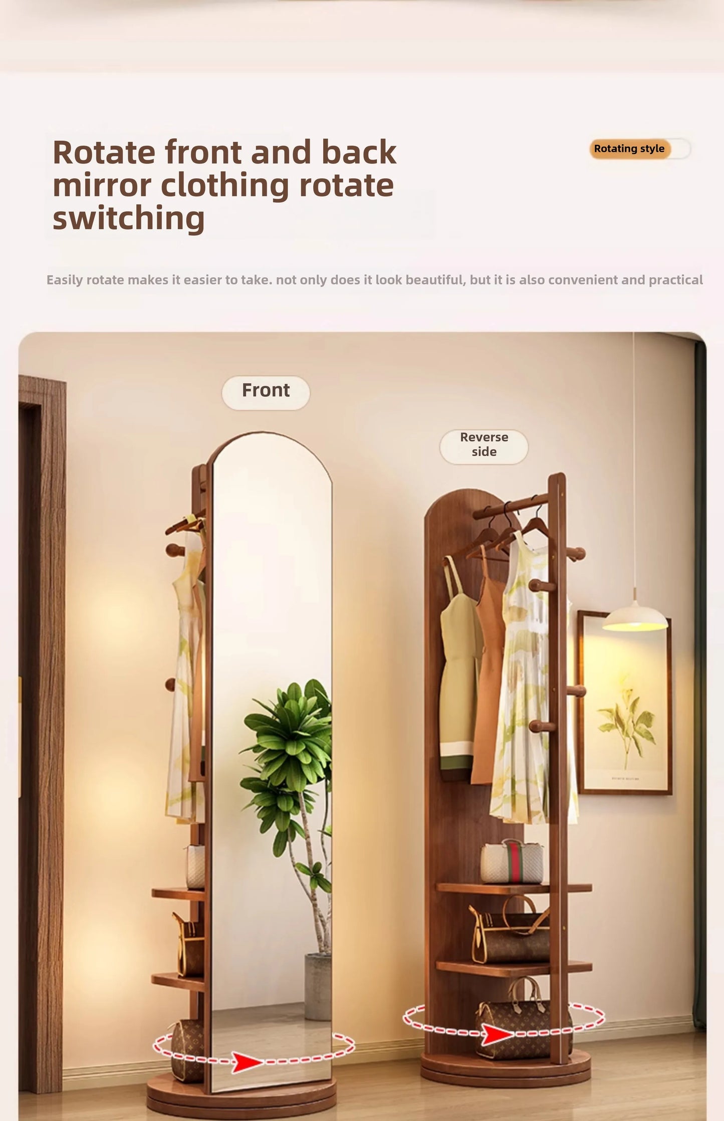 Solid wood hanger bedroom floor coat rack with mirror integrated