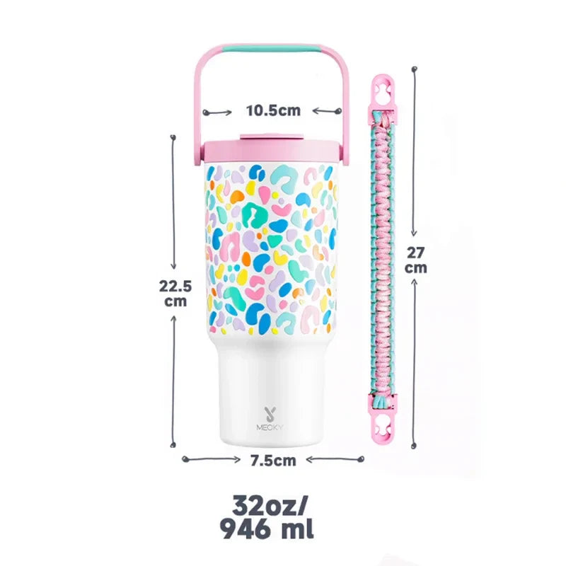 Meoky 32oz Cup Vacuum Tumbler With Lids Portable Stainless Steel Rainbow Leopard Coffee Cup Car Mugs Keeps Cold for 34 Hours