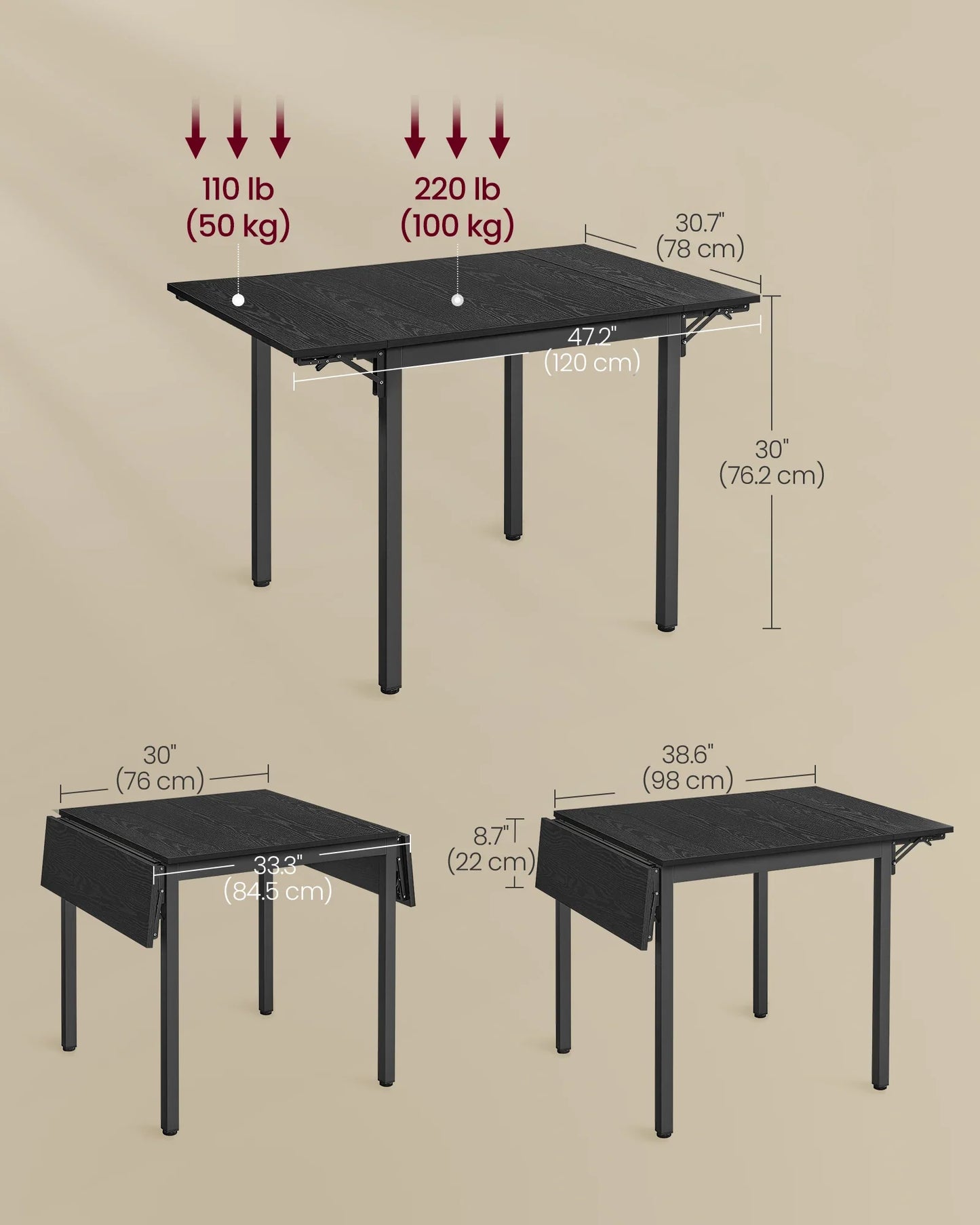 VASAGLE Folding Dining Table, Drop Leaf Extendable, for Small Spaces, Seats 2-4 People, Industrial, 78 x 120 x 76.2 cm