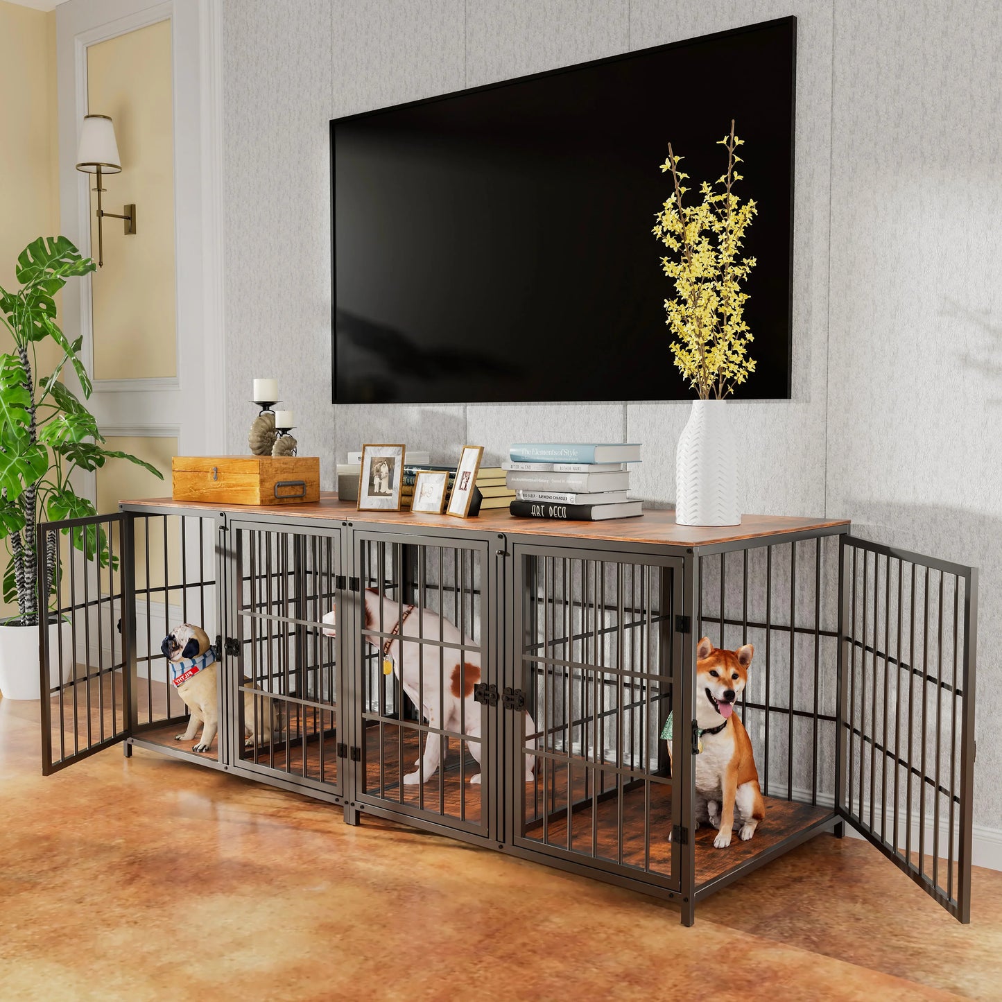 Heavy Duty Dog House End Table Furniture with Four Doors and Lock Latches Divider, Metal Pet Kennel Cage Crate