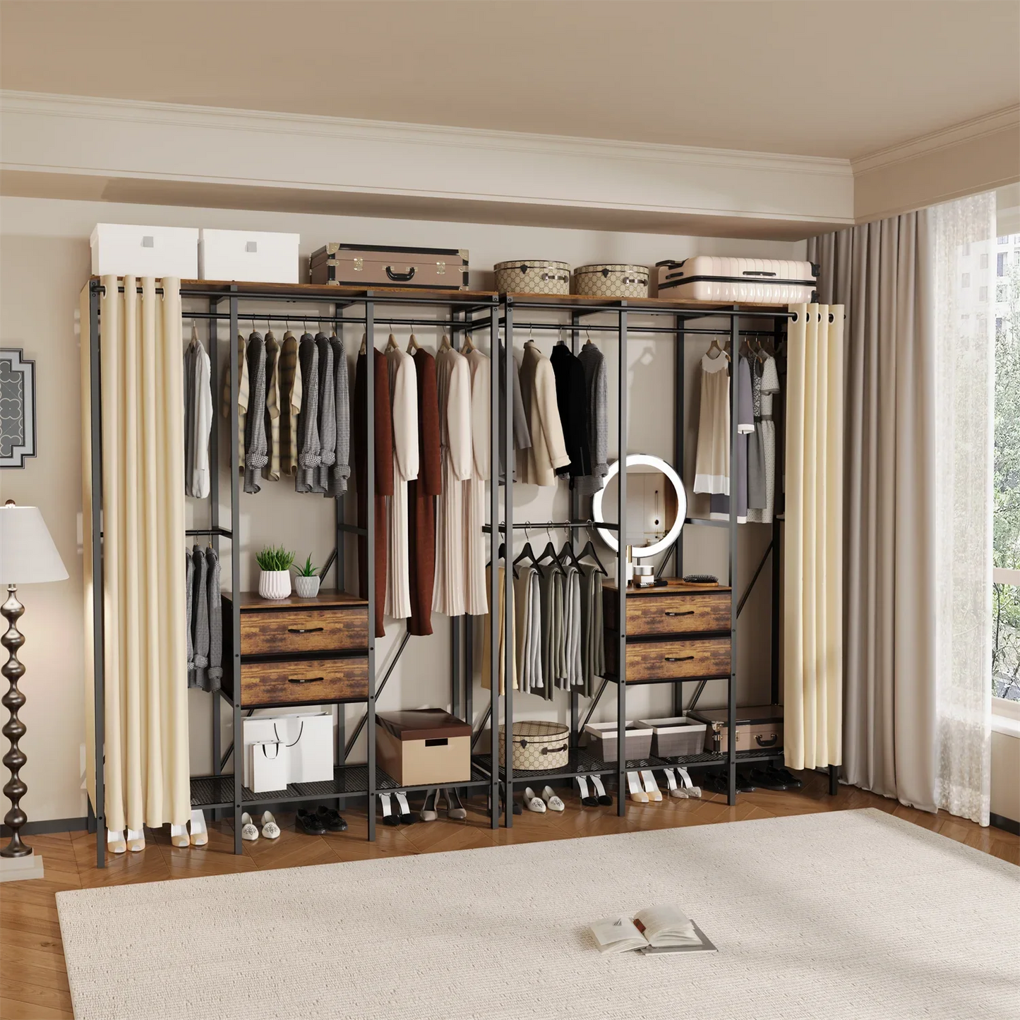 Industrial Coat Rack Stand, Open Wardrobe, Clothes Rail with 2 Drawer and Shelves, Bedroom Storage, Hanging Bar, XXL