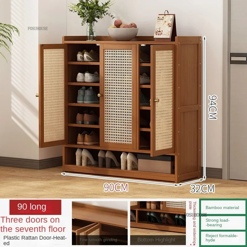 Japanese Bamboo Shoe Rack Indoor Multi-layer Dustproof Shoe Organizers Furniture Imitation Rattan Weave Cabinets for Living Room