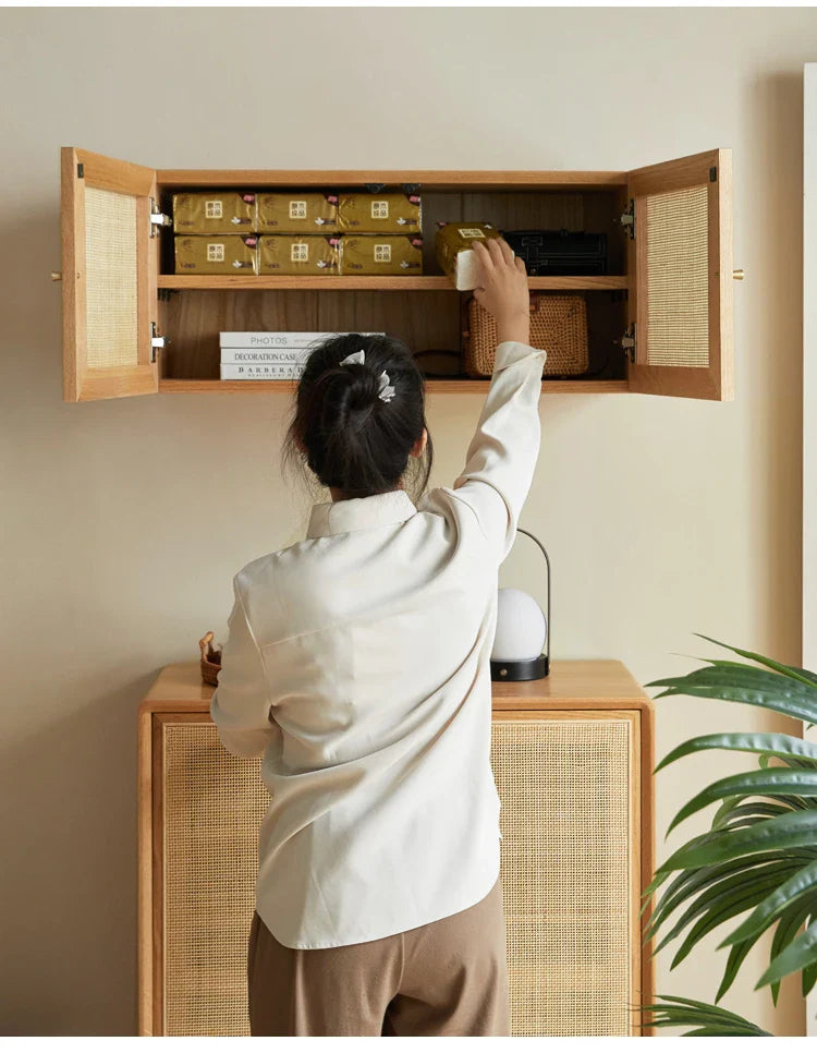 Japanese-Style Solid Wood Double-Door Rattan Shoe Cabinet Imported Oak Simple Modern Bedroom Storage Hall Entrance Cabinet