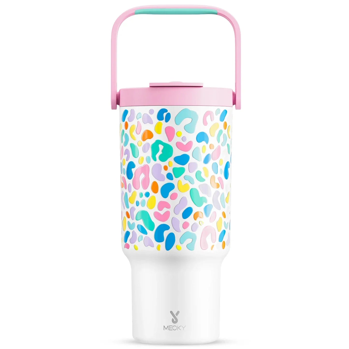 Meoky 32oz Cup Vacuum Tumbler With Lids Portable Stainless Steel Rainbow Leopard Coffee Cup Car Mugs Keeps Cold for 34 Hours