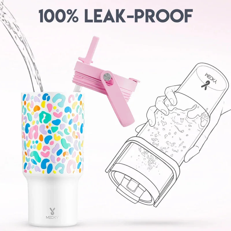 Meoky 32oz Cup Vacuum Tumbler With Lids Portable Stainless Steel Rainbow Leopard Coffee Cup Car Mugs Keeps Cold for 34 Hours