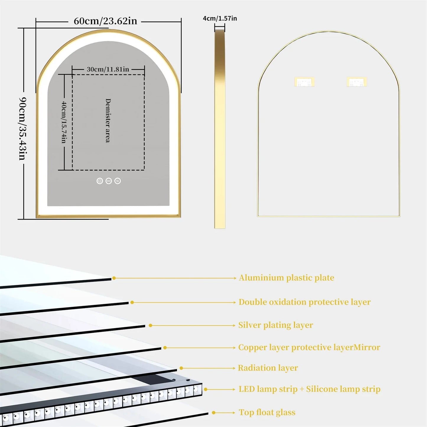 Gold Bathroom Mirror with Lights 36" LED Backlit Arch Wall Mirror Brushed Frame Touch Antifog 3 Colors Lights Adjust