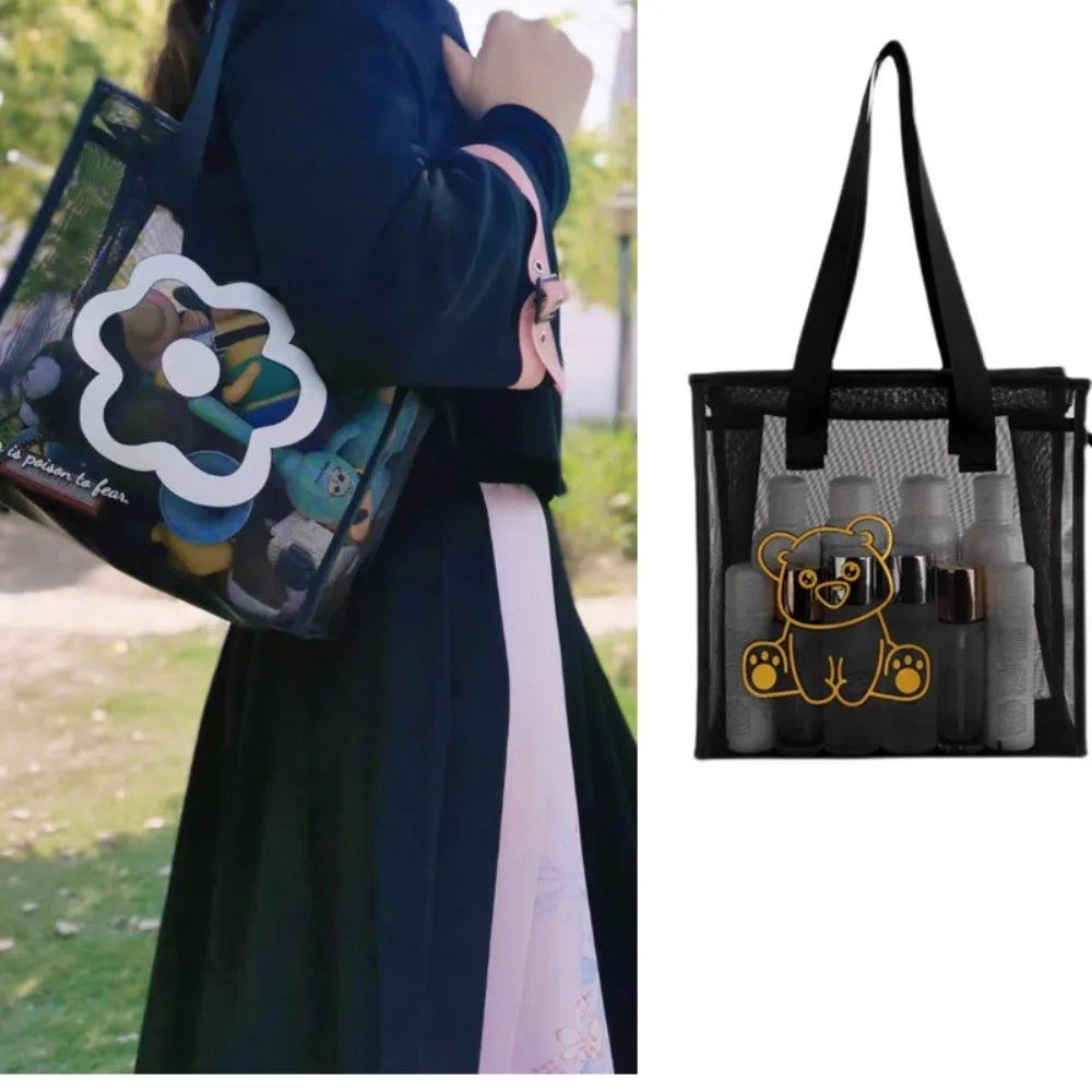 Clear Beach Tote Bag Fashion with Zipper Flower Cartoon Transparent Bag Nylon Mesh Wash Bag Woman