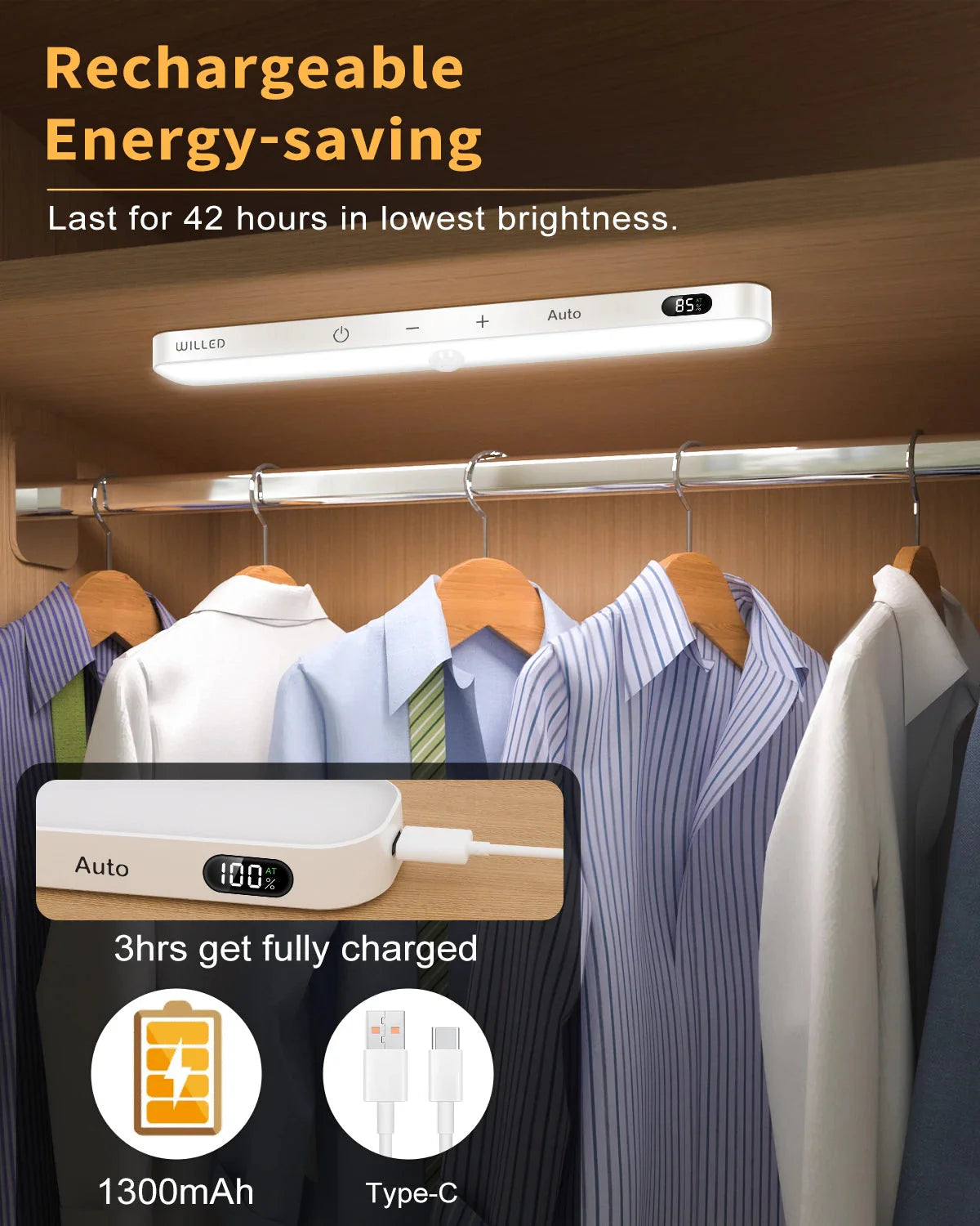 Motion Sensor Cabinet Light Battery Display 60 LED Touch Light Bar Wireless Rechargeable