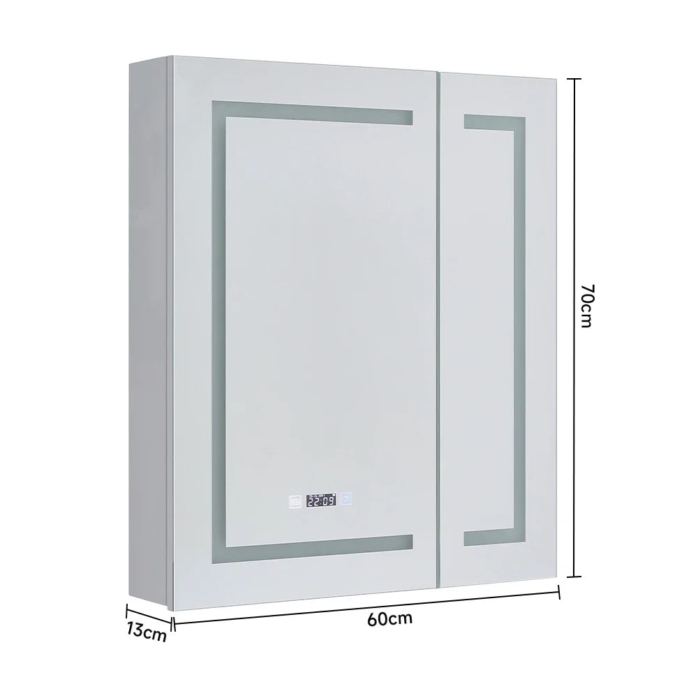 KOMORE Frameless 2-Door LED Mirror Cabinet with Clock Display & 3 Lighting Modes & Defogger Function & IP44 Waterproof