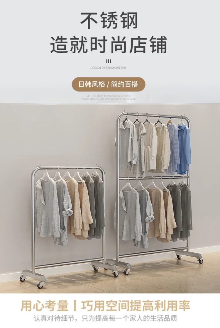 Mobile Cloth Racks Wheels Metal Multiple Levels Portable Adjustable Commercial Clothes Hanger Display Cabide Home Furniture