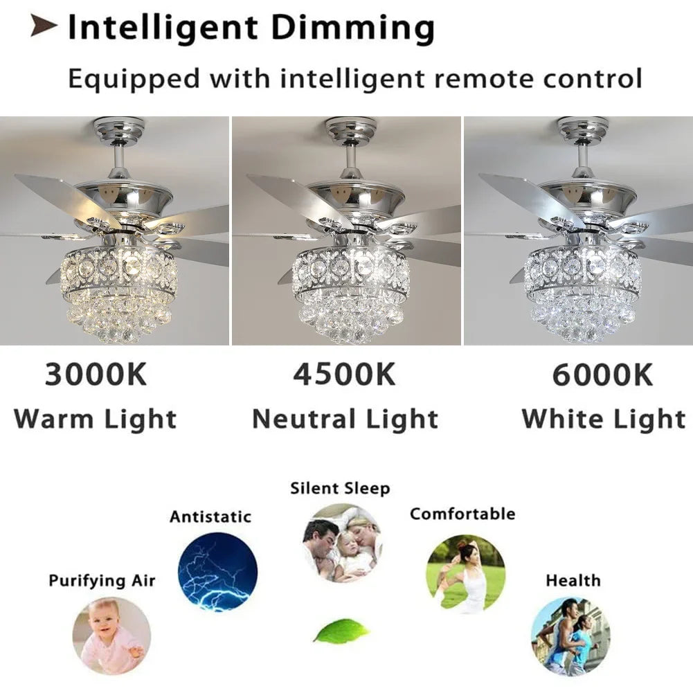 KOMORE  Modern 52 Inch Crystal 3-Light Ceiling Fan with Remote, 5 Blades for Office, Living Room, Bedroom