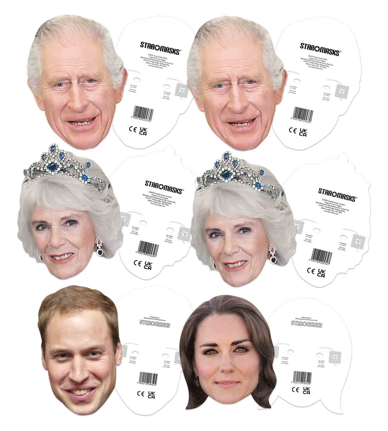 SMP501 New Royals - Includes King Charles x 2, Queen Camilla Consort x 2, Prince William and Princess Katherine British Royals Six Pack Cardboard Face Masks With Tabs and Elastic