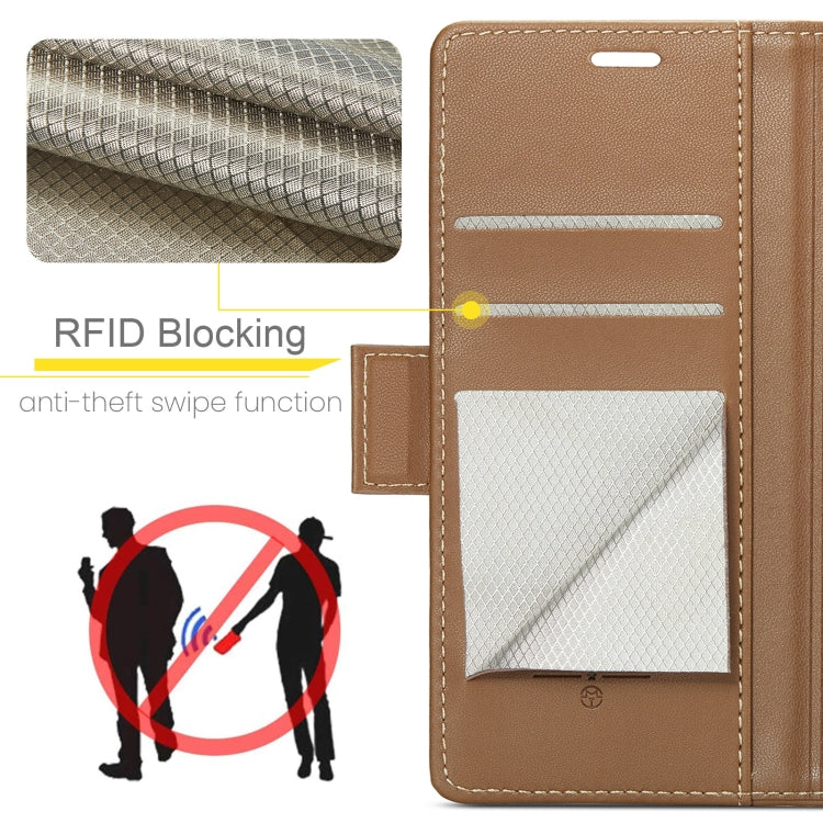For Redmi Note 14 5G CaseMe 023 Butterfly Buckle Litchi Texture RFID Anti-theft Leather Phone Case(Brown)
