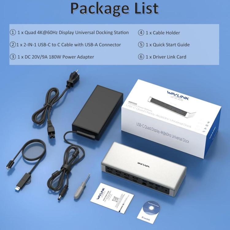 WAVLINK UG69PD12 DisplayLink Docking Station Quad Monitors For Laptops M1 / M2 / Mac & Windows, US Plug, UK Plug, EU Plug