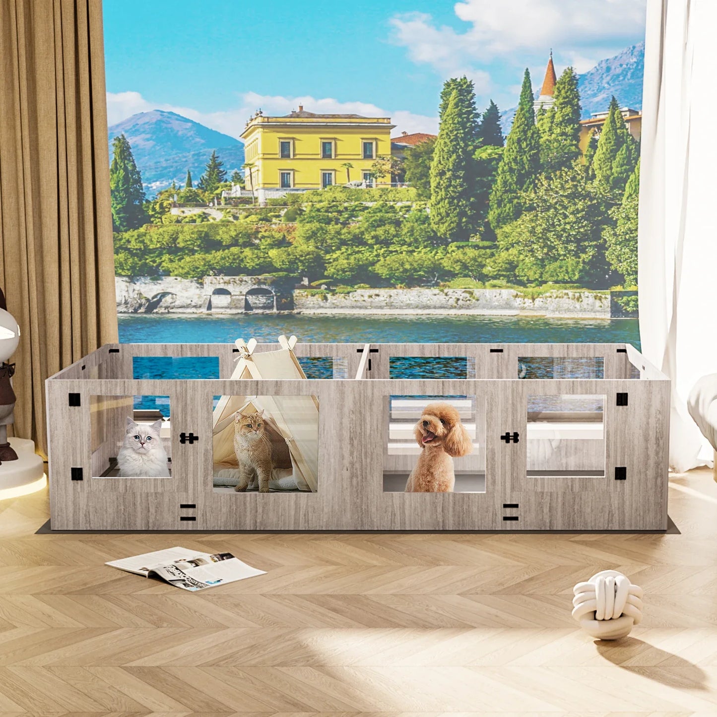 Clear Tempered Glass Pet Exercise Fence House, Dog Whelping Pen Box, for Indoor with Waterproof Pad, 8/4 Panels