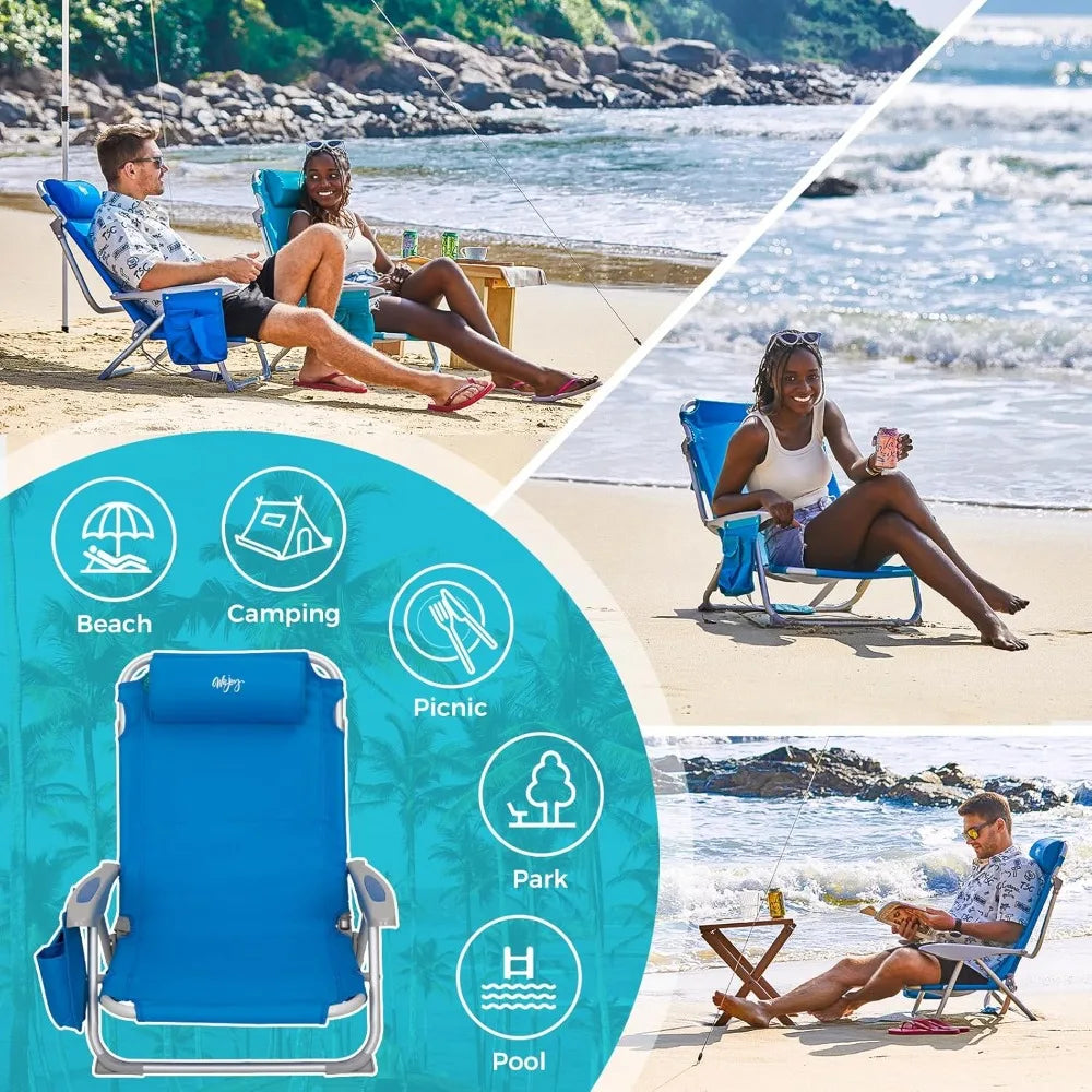 4-Position Adjustable Beach Chair Set of 1/2, Folding Low Reclining Camping Chair with High Back Pillow Pocket