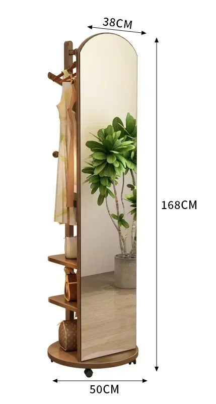 Solid wood hanger bedroom floor coat rack with mirror integrated