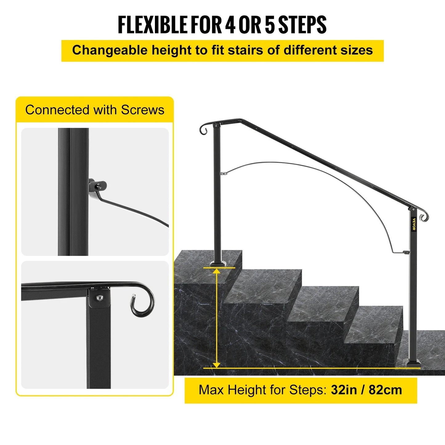 VEVOR Handrails for Outdoor Steps Fit 4 or 5 Steps Outdoor Stair Railing Arch#4 Wrought Iron Handrail Flexible Porch Railing