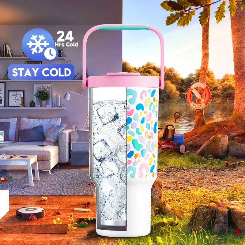 Meoky 32oz Cup Vacuum Tumbler With Lids Portable Stainless Steel Rainbow Leopard Coffee Cup Car Mugs Keeps Cold for 34 Hours