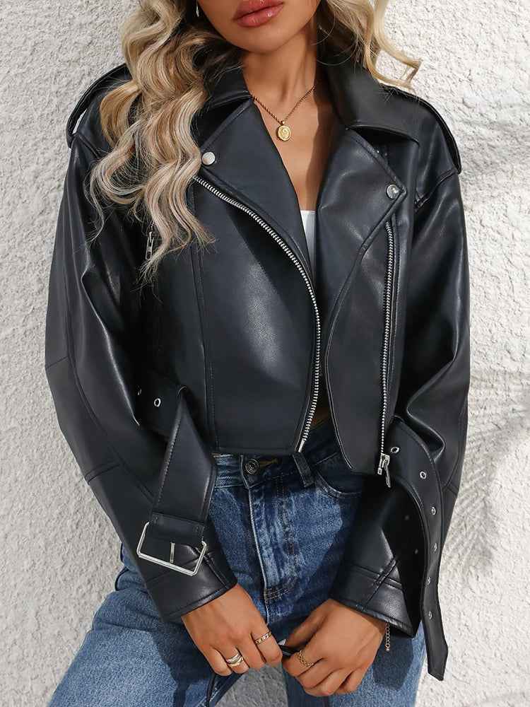 Ailegogo Spring Autumn Women Faux Pu Leather Short Jacket with Belt Motorcycle Biker Female Zipper Lapel Loose Coat Outwear