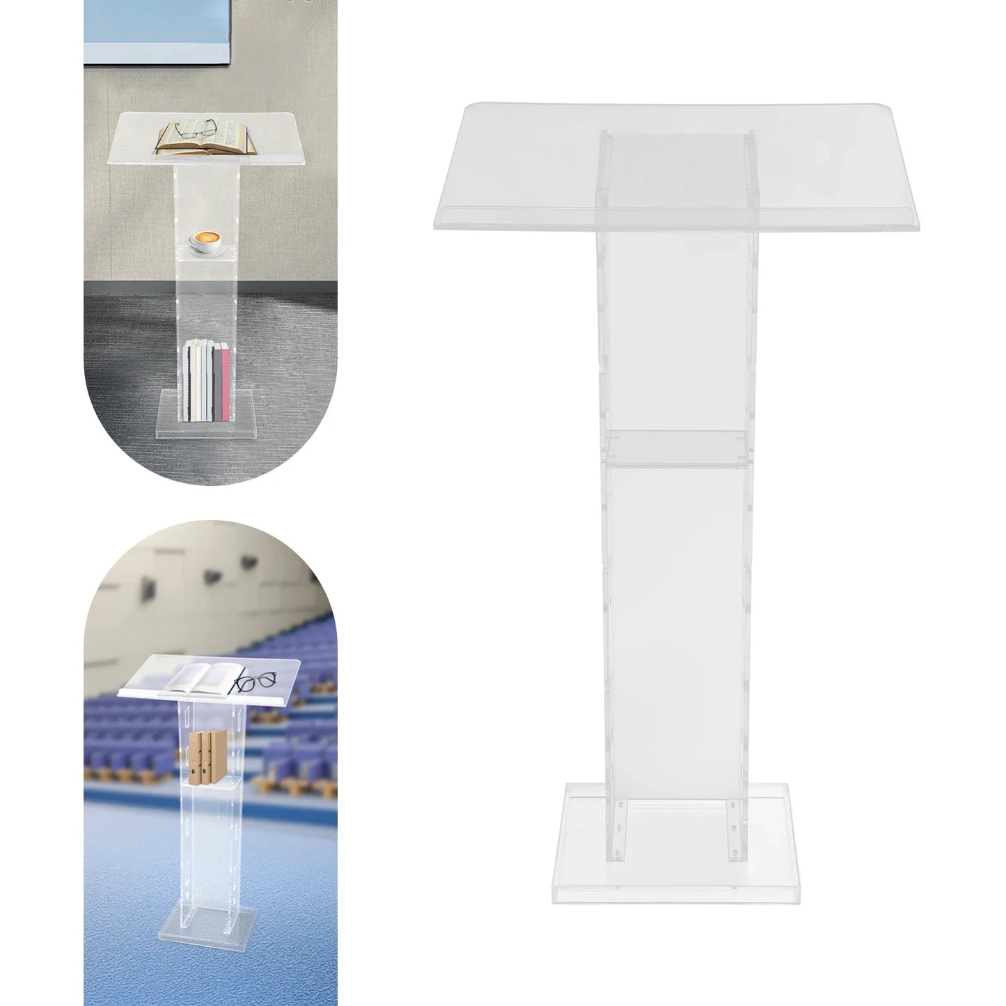 Acrylic Podium Floor Standing Clear Lecterns W/ Storage Shelf School Stand Desk Church Pulpit Office Lecture Table 43in H