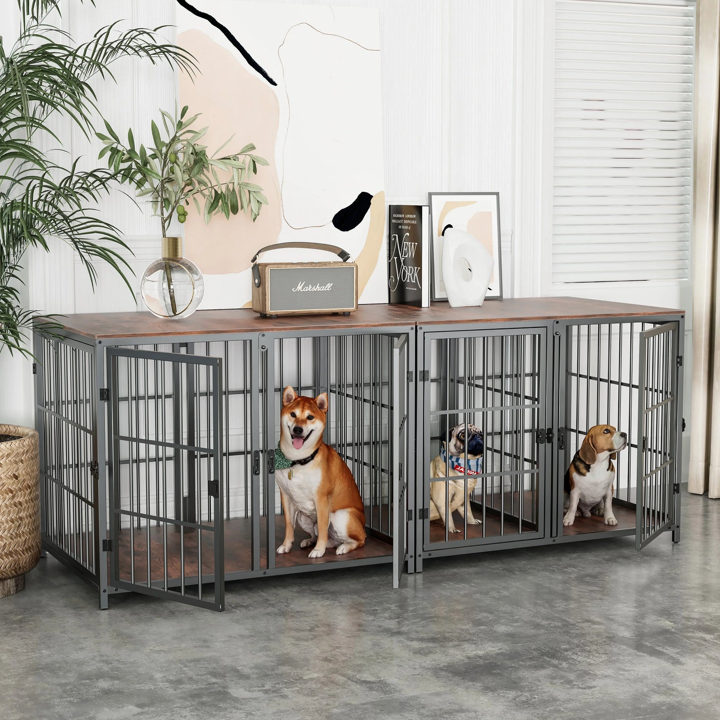 Heavy Duty Dog House End Table Furniture with Four Doors and Lock Latches Divider, Metal Pet Kennel Cage Crate