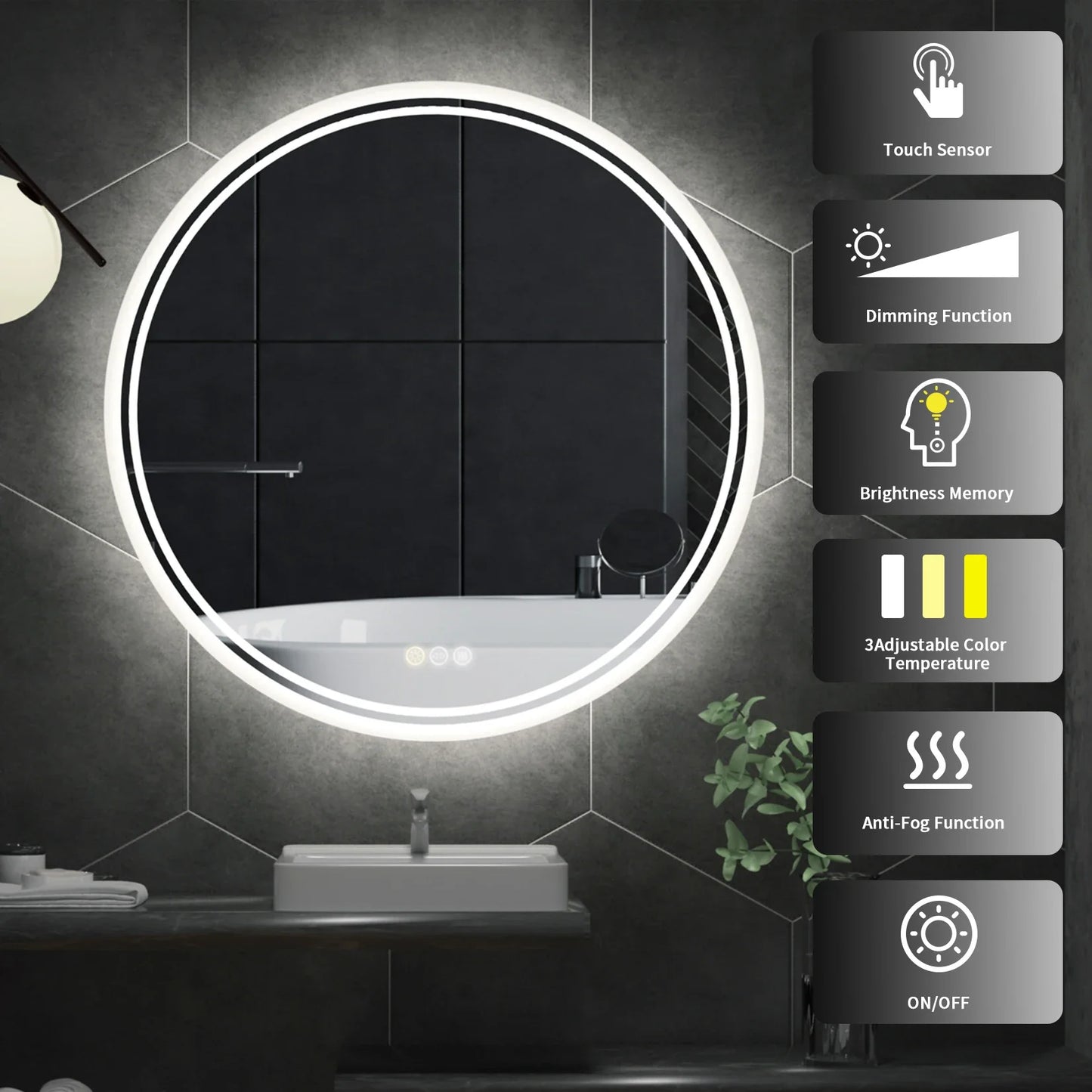 LUVODI Smart Illuminate Large Round Mirror for Bathroom Touch Screen Dimmable Anti-fog Bathroom LED Light Mirror