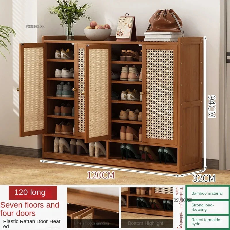 Japanese Bamboo Shoe Rack Indoor Multi-layer Dustproof Shoe Organizers Furniture Imitation Rattan Weave Cabinets for Living Room