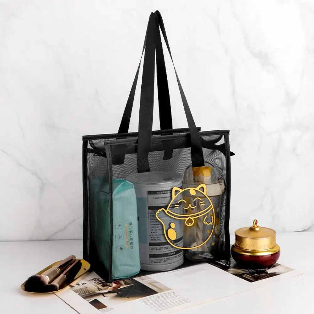 Clear Beach Tote Bag Fashion with Zipper Flower Cartoon Transparent Bag Nylon Mesh Wash Bag Woman