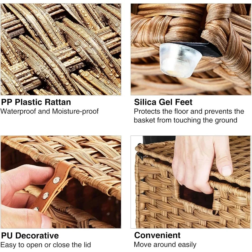 Greenstell Laundry Hamper with lid, No Install Needed, 110L Wicker Laundry Baskets Foldable 2 Removable Liner Bags, 2 Section