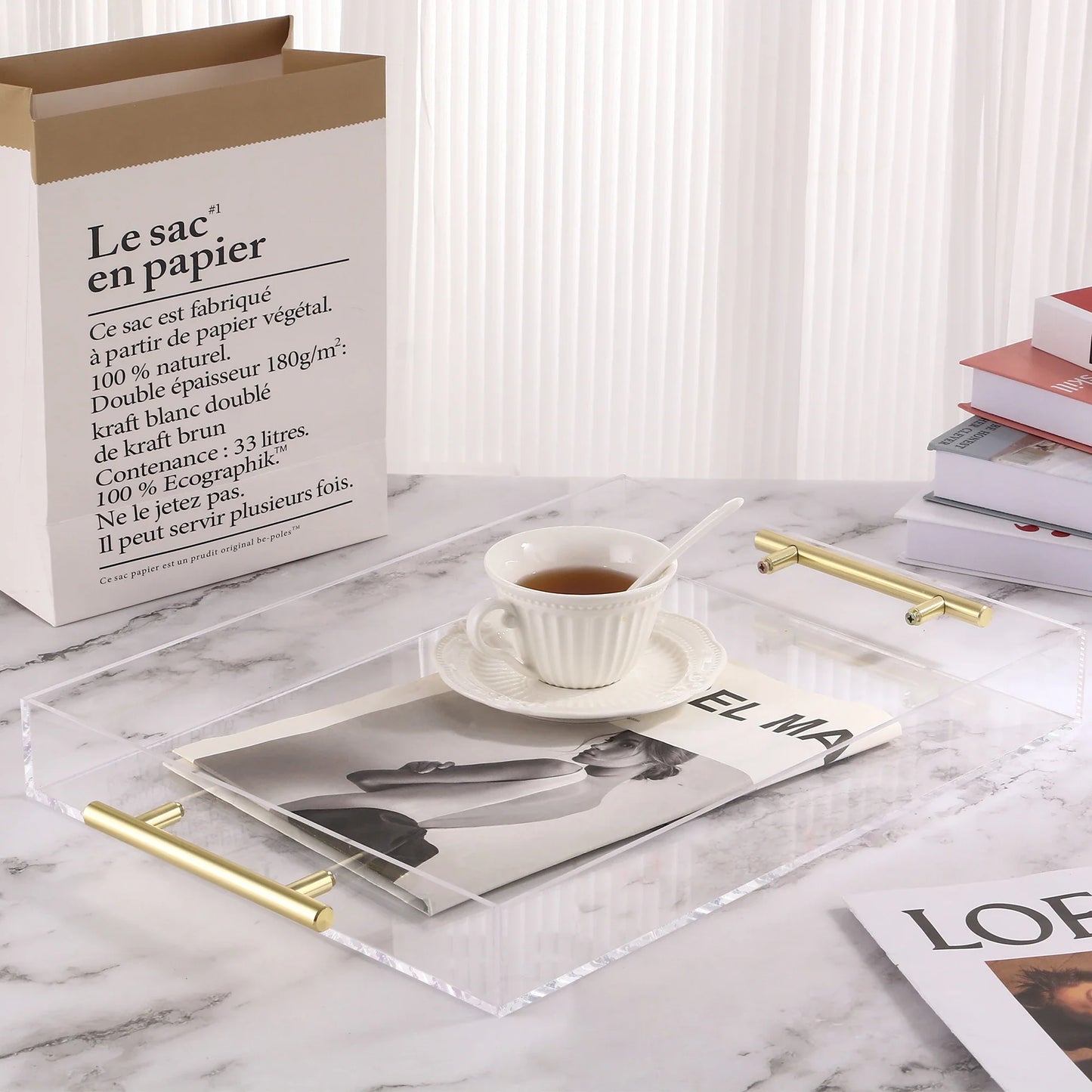 Clear Acrylic Serving Tray with Gold Handles Large Rectangle Decorative Spill Proof Table Organiser Clear Decorative Tray