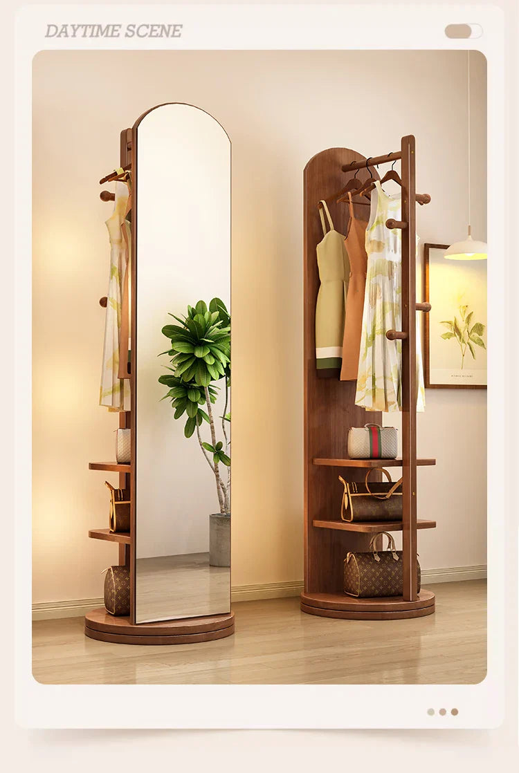 Solid wood hanger bedroom floor coat rack with mirror integrated